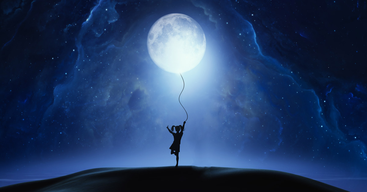 Girl holding the moon as a balloon representative of hope for Drupal growth.