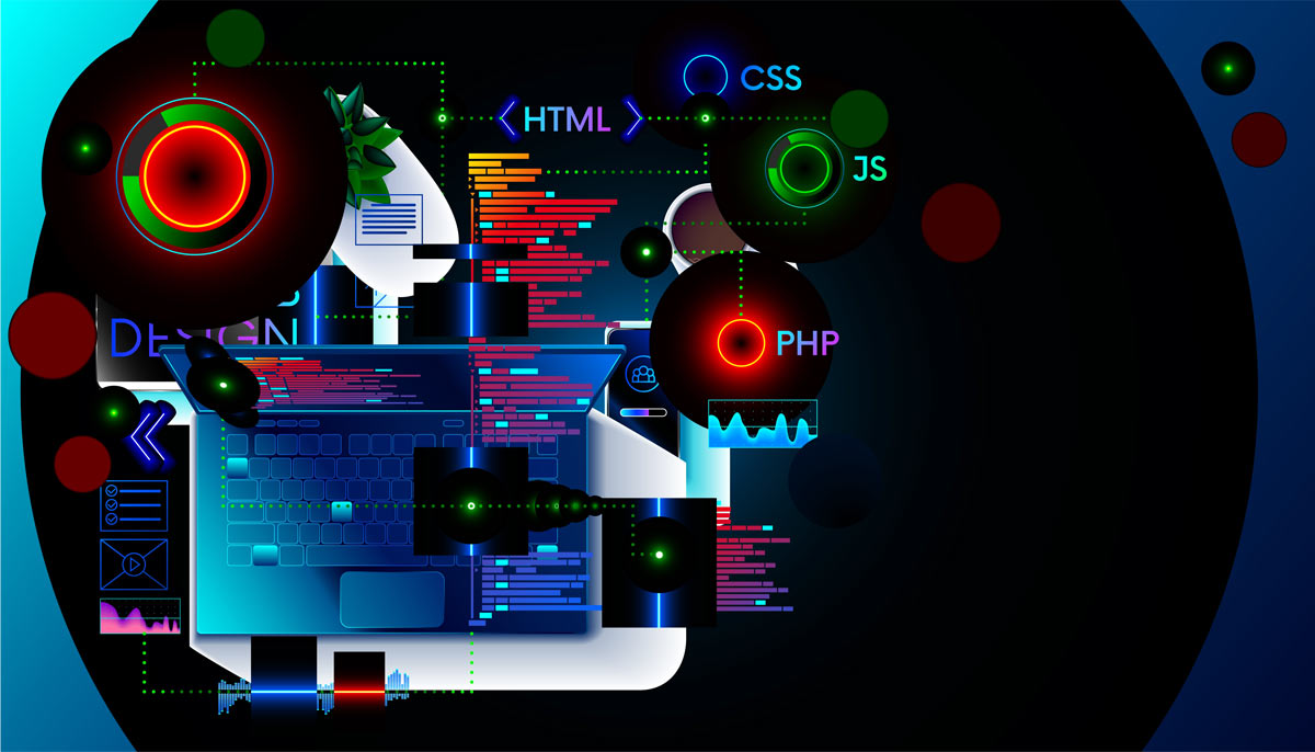 Illustration of code languages with laptop representative of Symfony PHP platforms.