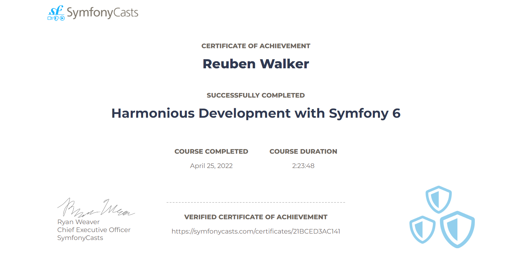 Screenshot of Course Completion Certificate