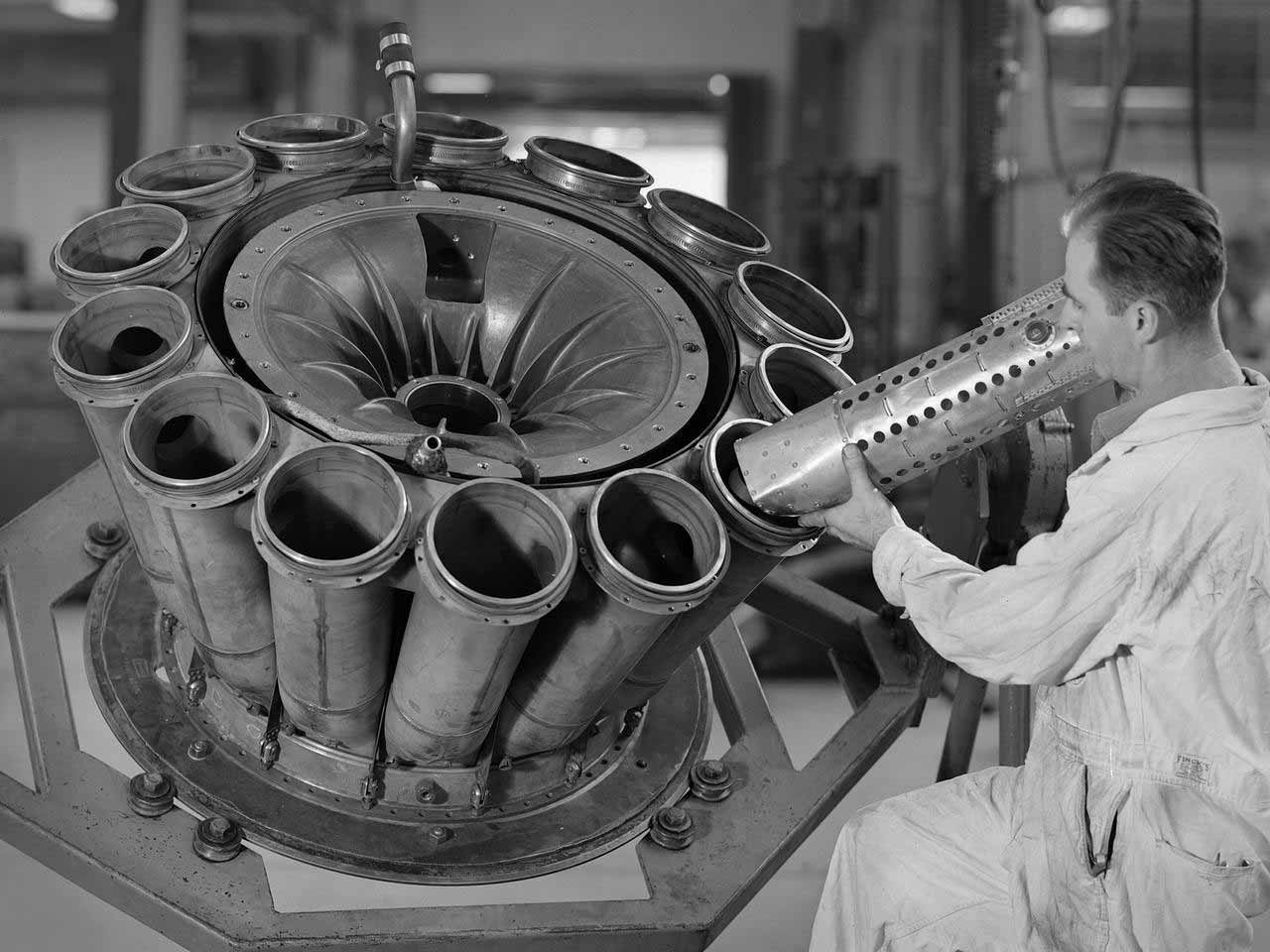 NASA Technician assembling engine exhaust 1960s