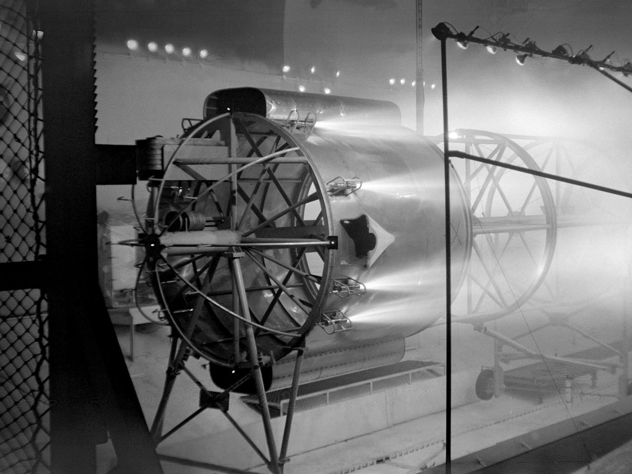 Test of rockcet stage in a wind tunnel. NASA 1960s