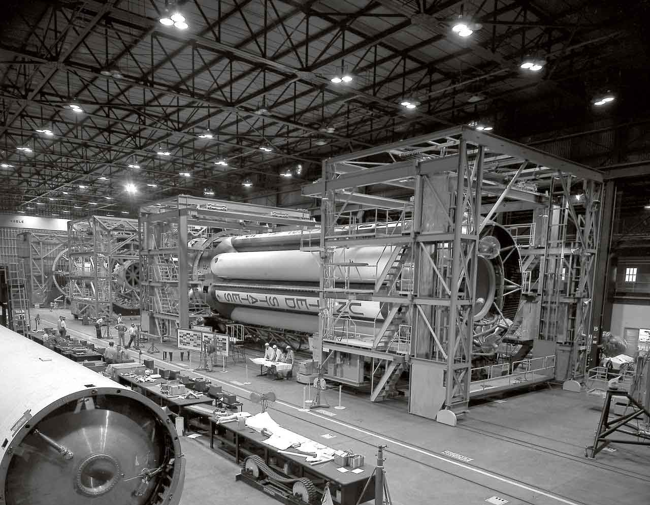 NASA rocket assembly with fuel tanks 1960s