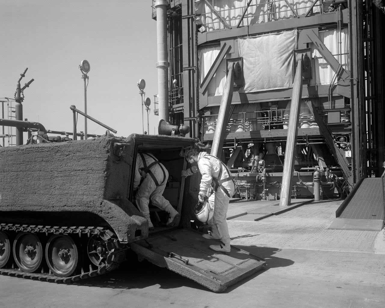 NASA Astronauts enter crawler near launchpad 1960s